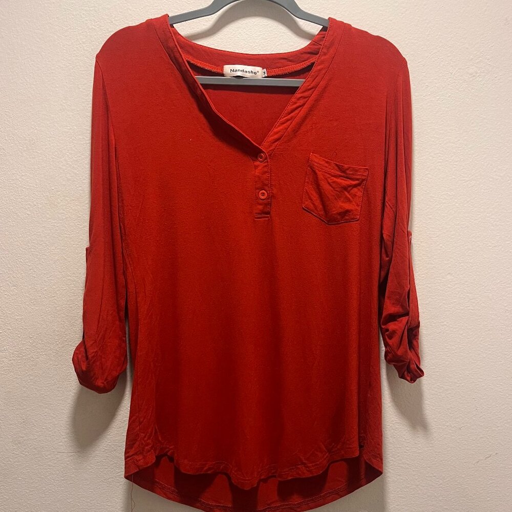 Nandashe Women's Split V-Neck 3/4 Roll-Up Sleeve Red Size Medium